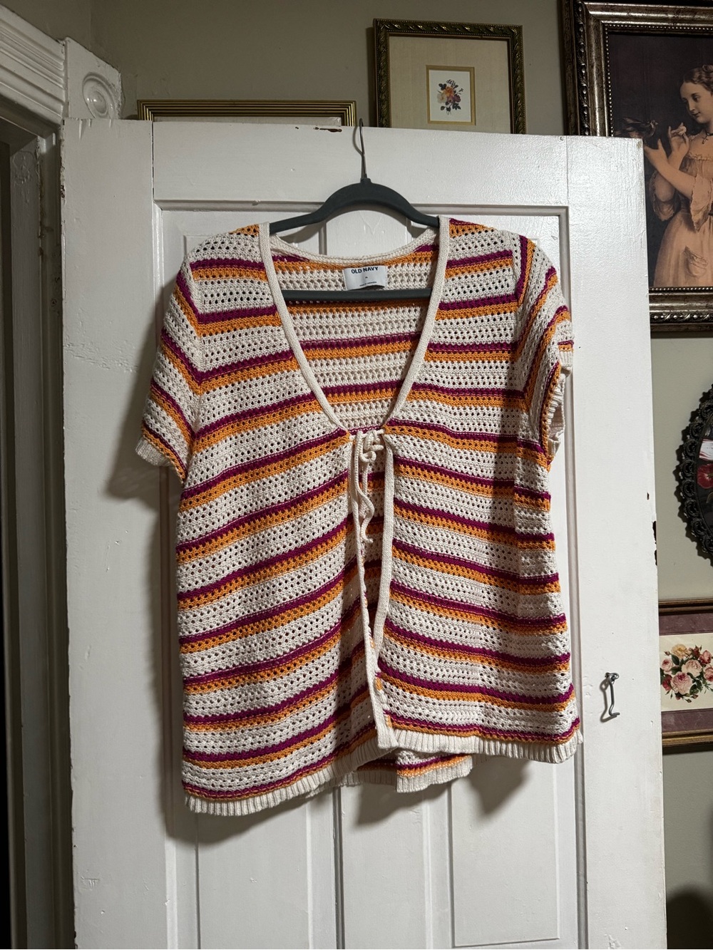 Old Navy Cream Crochet Tie-Front Striped Top with Orange and Burgundy Accents